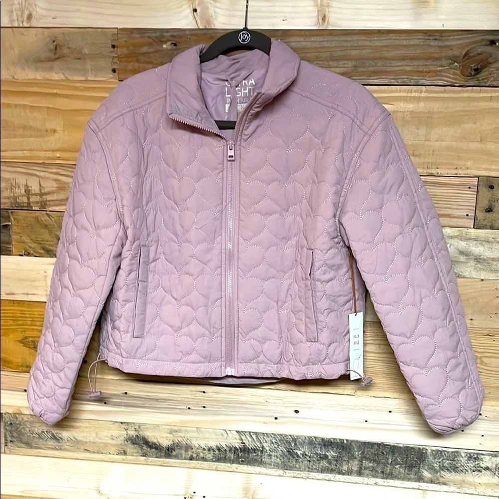 Love Tree size Small pink hearted quilted ultra packable jacket with bag